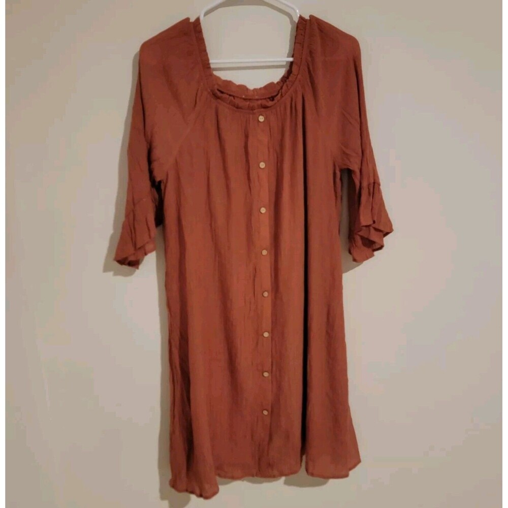 Naif Terracotta Gauze Bohemian Dress Midi Button Ruffle Half Sleeve Medium M